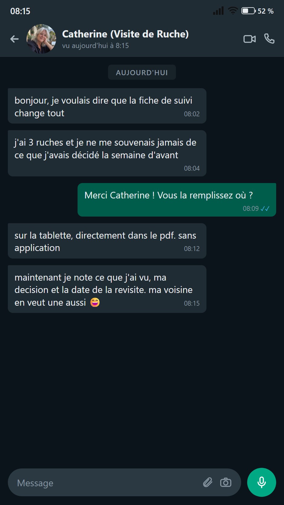 Une apicultrice écrit au sujet de la fiche de suivi de visite