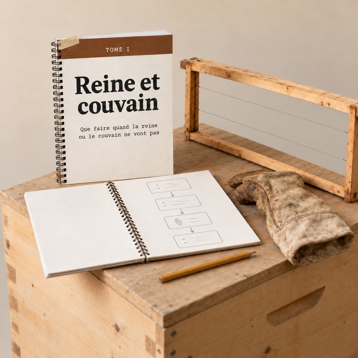 Le Tome I, Reine et couvain, relié, posé sur le couvercle d'une ruche