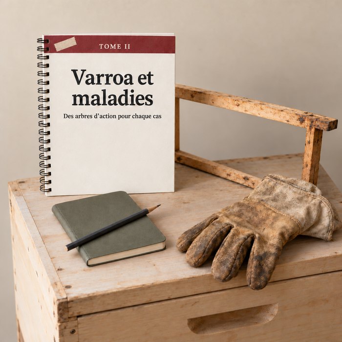 Le Tome II, Varroa et maladies, relié, avec un carnet et un crayon