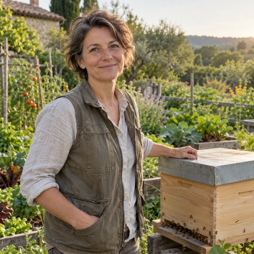 Claire Delmas, apicultrice amateur, près d'une ruche