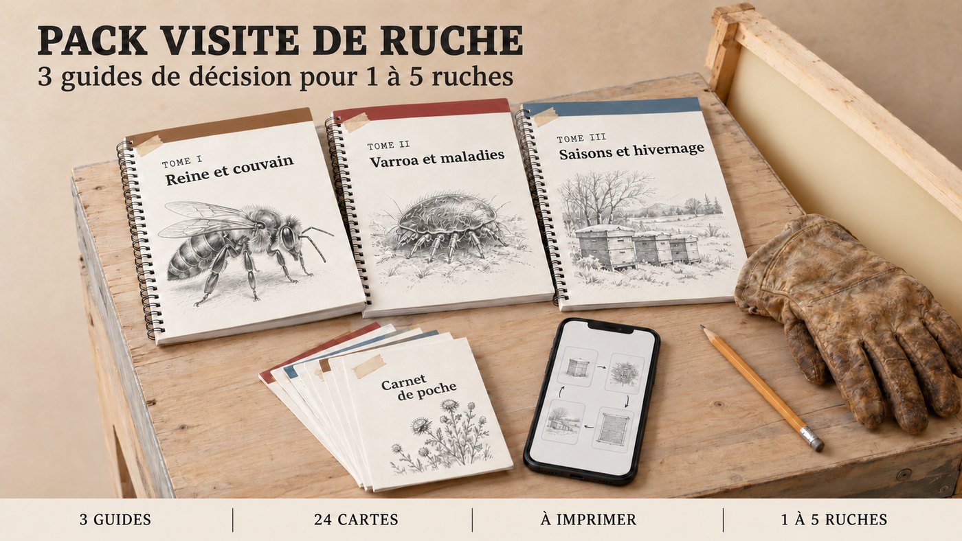 Le pack complet sur le couvercle d'une ruche : les trois guides, le Carnet de poche et un téléphone avec une page de décision